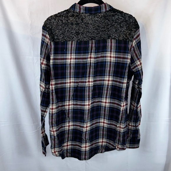 Express Shirt Western Boyfriend Flannel Plaid Sequin Button Down Long Sleeve Top - Picture 10 of 14